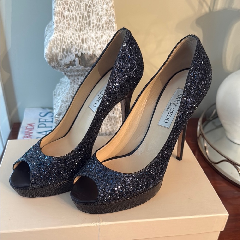 Jimmy Choo Glitter Peep Toe Platform Heels